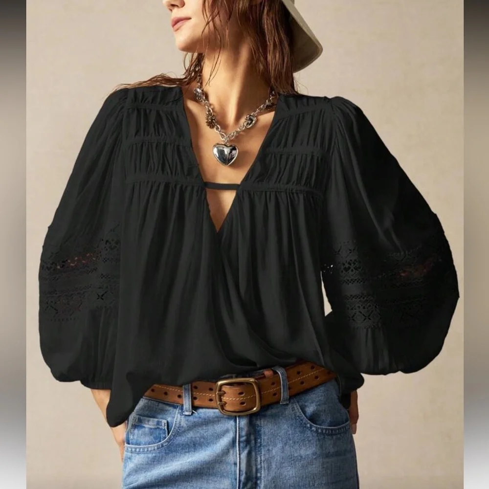 Chic Black Blouse with Lace Sleeves